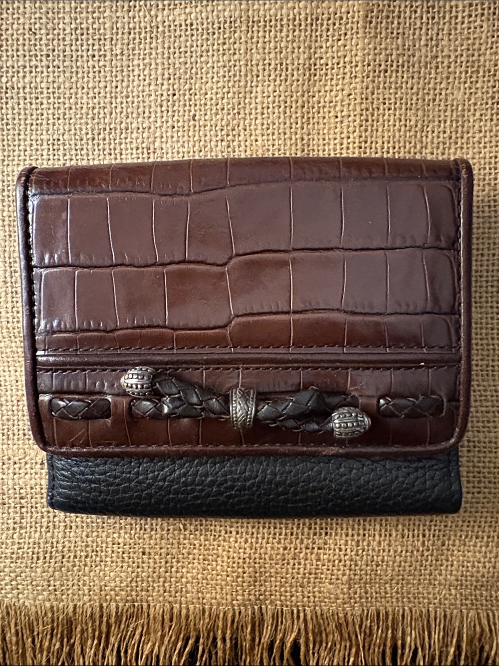 Brighton Brown Croc-Embossed Bifold Wallet with Black Trim